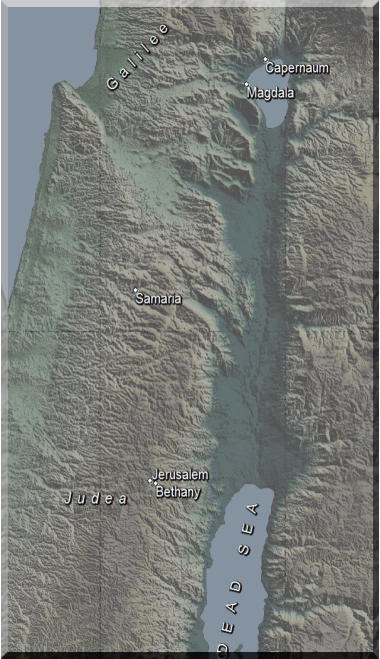 A satellite map ranging from the Sea of Galilee in the north to the Dead Sea in the south.